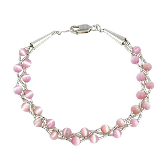 Pink Cat’s Eye Double Strand Bead Bracelet | Cone Tip | Sterling Silver |  7.25" - Picture 1 of 4